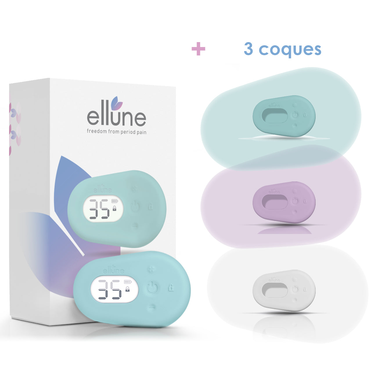 L'appareil Ellune avec 3 coques de couleurs differentes