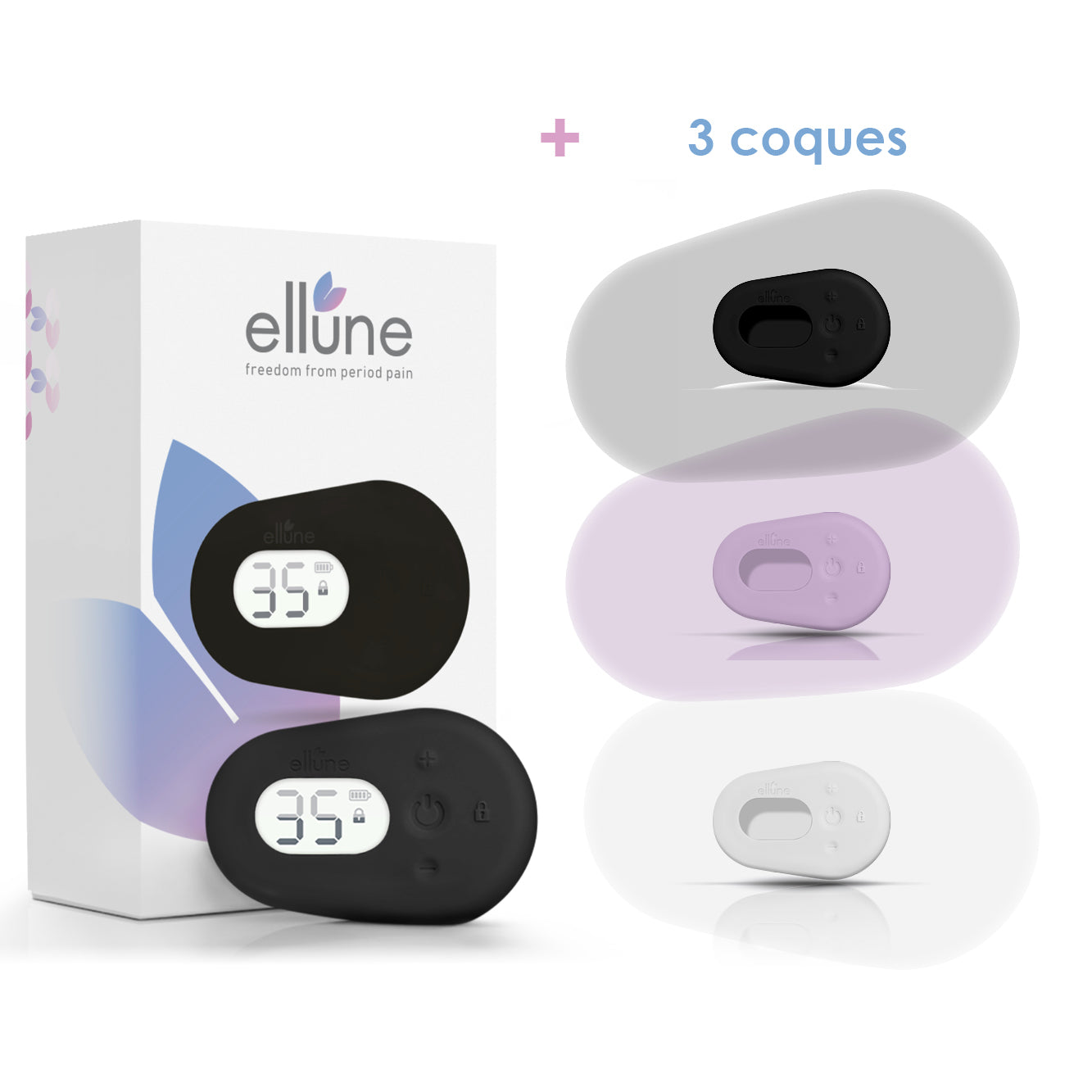 L'appareil Ellune avec 3 coques de couleurs differentes: noir, lavande et blanc-neige